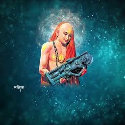 Sri Madhvacharya holding an idol of Lord Krishna against a mystical blue bokeh background