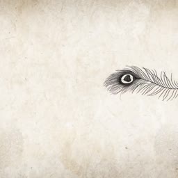 A delicate, hand-drawn sketch of a peacock feather isolated on a textured beige paper background.