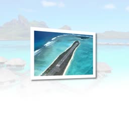 Aerial view of Bora Bora airport runway surrounded by tropical blue ocean waters