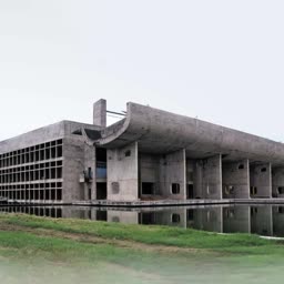 The Brutalist concrete structure of the Palace of Assembly in Chandigarh reflected in a water pool