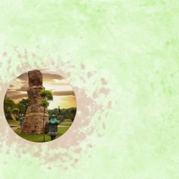 A stone monument in a peaceful garden setting framed in a circle on a light green textured background