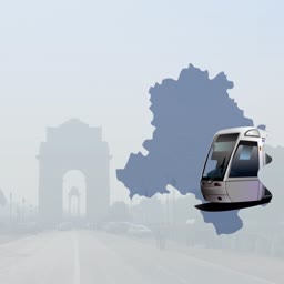 Delhi Metro train graphic overlaid on a map of Delhi with India Gate in the background