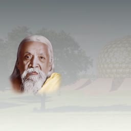 Portrait of Sri Aurobindo overlaid with the Matrimandir in Auroville