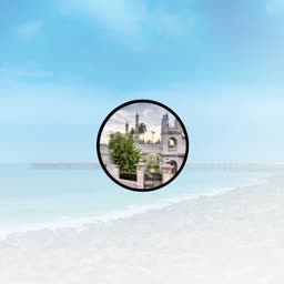 A circular cutout showing a mosque structure with trees on a beach