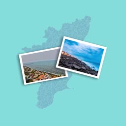 Two framed postcards showing scenic coastal landscapes of Tamil Nadu against a light blue map background.