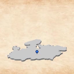 A stylized 3D map of the Indian state of Madhya Pradesh on a textured parchment-like background with a central blue location pin.