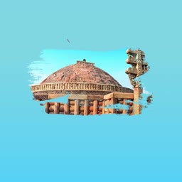 A stylized artistic representation of the historic Buddhist Sanchi Stupa against a light blue background.
