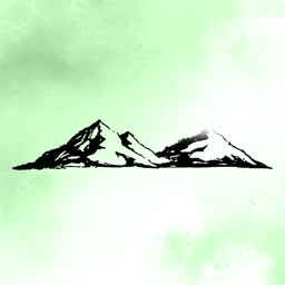 A hand-drawn black ink sketch of two mountain peaks set against a soft, light green watercolor background.