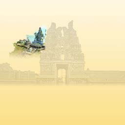 A serene illustration of Lord Shiva seated in meditation before a faded, majestic temple gopuram against a soft, golden sunrise background.