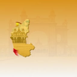 Karnataka state outline map featuring Mysore Palace architecture against a golden gradient background