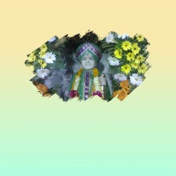 A serene statue of Lord Swaminarayan decorated with white and yellow flowers against a soft gradient background.