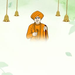 A cartoon illustration of a spiritual leader in orange robes with bells in the background