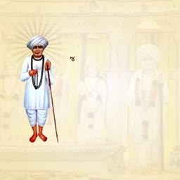 A devotional illustration of the Hindu saint Jalaram Bapa standing with a walking stick against a soft golden temple background.