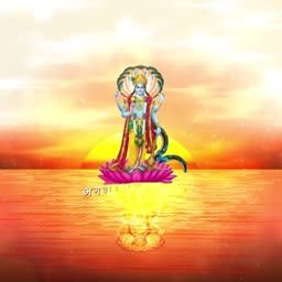 A representation of Lord Vishnu standing on a lotus flower against a vibrant golden sunrise over the ocean