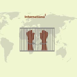 An illustration showing shackled hands behind bars over a world map background, representing international prisoners.