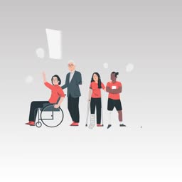 A diverse group of people with various physical disabilities standing and sitting in a studio setting