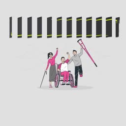 A group of diverse friends including a person in a wheelchair and people using mobility aids, celebrating together.