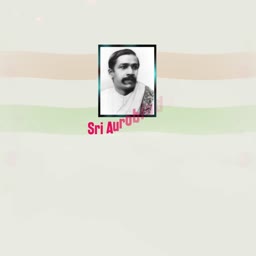 A portrait of Sri Aurobindo set against a light background with subtle horizontal colored bands.