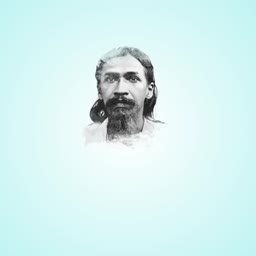 A monochrome headshot portrait of Sri Aurobindo isolated against a light blue background