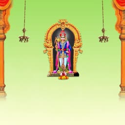 Lord Murugan standing in an ornate golden archway with hanging lamps against a green gradient background