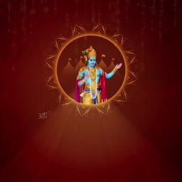 An artistic depiction of Lord Krishna inside a golden circular mandala on a dark red background.
