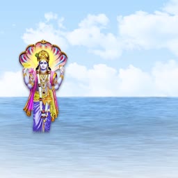 Lord Vishnu with multi-headed serpent standing over the blue ocean
