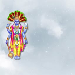 Lord Vishnu standing with four arms on a cloudy background