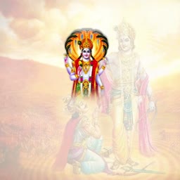 Lord Vishnu appearing above Lord Krishna on a golden background
