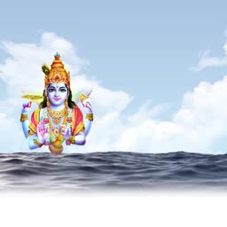 Lord Vishnu appearing above the ocean surface against a cloudy sky