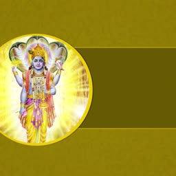 An artistic representation of Lord Vishnu in a circular frame against an olive-gold background