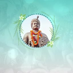 Statue of Maharaja Suheldev decorated with a garland against a cyan background
