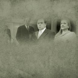 A faded vintage style photograph featuring three individuals, one woman and two men in suits, with a textured overlay.