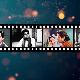 A film strip featuring portraits of vintage Bollywood actors on a bokeh background