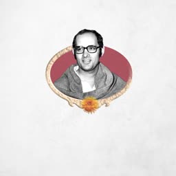 A stylized vintage portrait of a man wearing glasses and a scarf, framed in a maroon oval with an orange floral accent at the bottom against a white background.