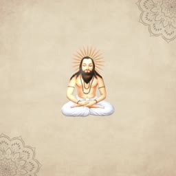An illustration of a meditating sage with a radiating sun halo on a textured beige background