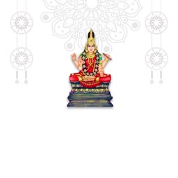 A serene artistic representation of the Hindu Goddess Lakshmi sitting in a lotus position against a minimalist white mandala background.