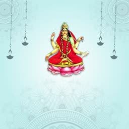 Goddess Lakshmi sitting on a lotus flower with traditional festive background