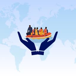 An illustration of hands holding a life raft with people inside against a world map background