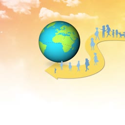 A graphic illustration showing a blue Earth globe connected to a yellow path with silhouettes of people moving together.