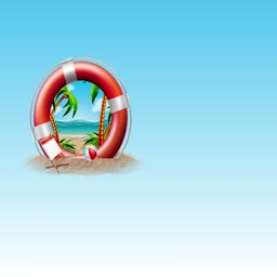 A lifebuoy framing a sunny beach scene with palm trees and a beach ball on a light blue background