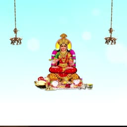 Goddess Lakshmi sitting on a lotus with traditional brass lamps hanging on sides