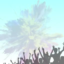 Crowd of people with hands raised during a music festival against a colorful powder burst background