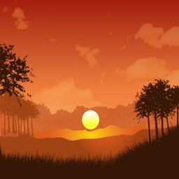 A vibrant orange sunset scene with silhouetted trees and rolling hills.