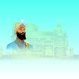 Portrait of Guru Teg Bahadur Ji with a faded golden temple background