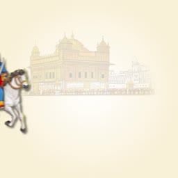 A traditional Sikh warrior riding a white horse in front of a faint illustration of the Golden Temple