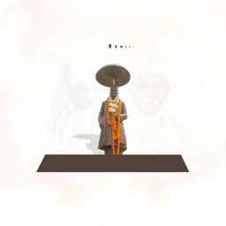 A statue of a revered leader adorned with a marigold garland and an umbrella, against a light background.