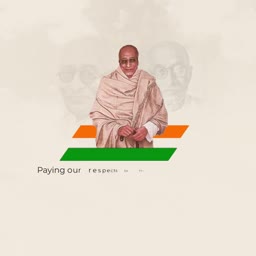 A tribute poster honoring Mahatma Gandhi with a portrait and the Indian tricolor flag.