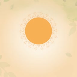 A minimalist graphic featuring an orange circular sun shape surrounded by a light decorative mandala pattern on a soft beige background with subtle leaf silhouettes.