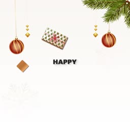 A minimalist Christmas greeting card design with hanging ornaments and a gift box.