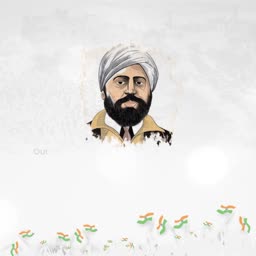 An artistic portrait of Indian revolutionary Udham Singh against a light background with scattered Indian flag motifs